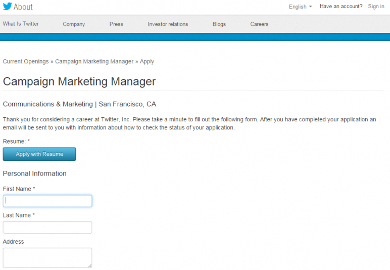 Twitter job application screen